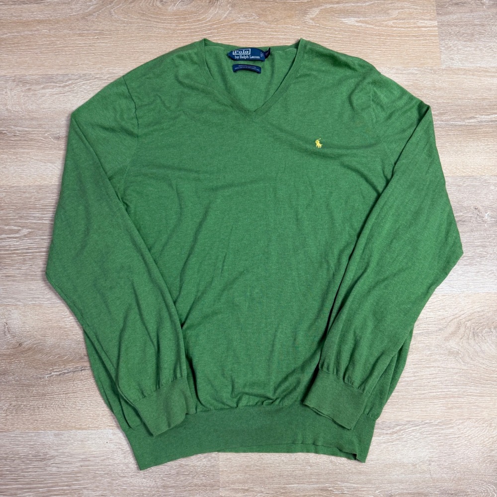 Polo Ralph Lauren Mens 2XLT Tall Green Pima Cotton V-Neck Sweater Yellow Pony
